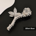 Elegant Rose Metal Non-Slip Hair Claw Clips for Thin and Thick Hair - Fashionable Flower Hair Accessories for Women and Girls (Silver Rose)