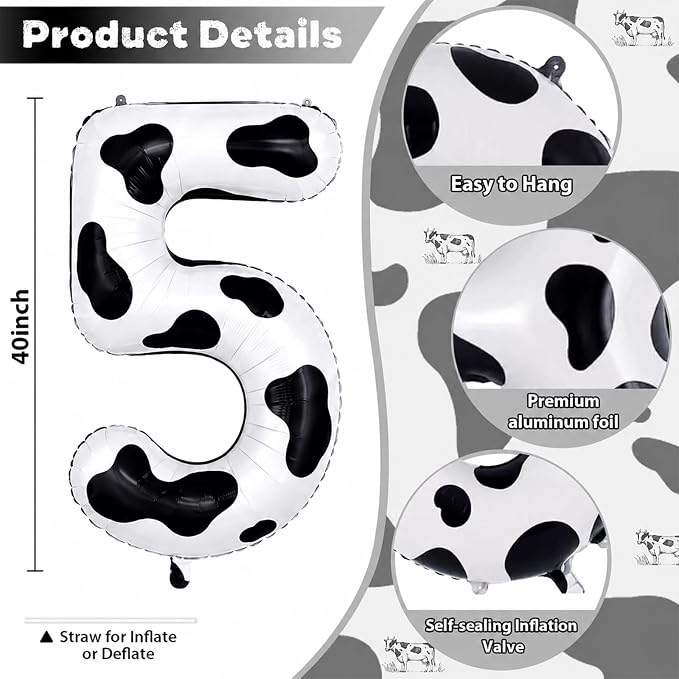 Cow Print Number Balloon 5, 40 Inch Large Self Inflating 5 Foil Number Balloons - Image 2