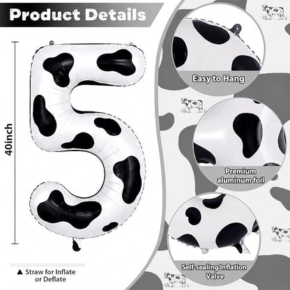 Cow Print Number Balloon 5, 40 Inch Large Self Inflating 5 Foil Number Balloons - Image 2