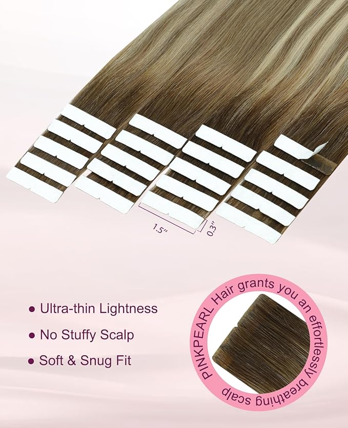 Pinkpearl Invisible Tape in Hair Extensions Human Hair, 20pcs 20inch 55g #3/8/22 Balayage Walnut Brown to Ash Brown and Golden Blonde Injection Tape in Extensions Real Remy Human Hair Injected