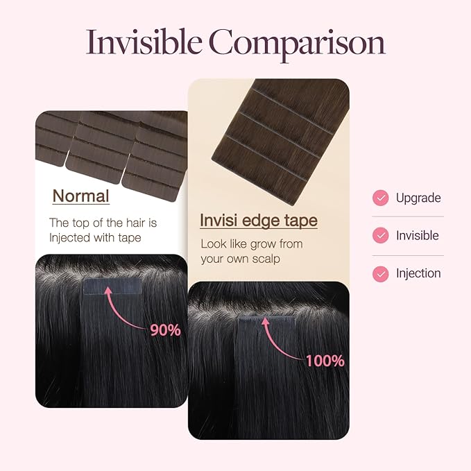 GOO GOO Invisi Edge Wide Tape in Hair Extensions,4A Chocolate Brown,4pcs 20inch 20g, Remy Human Hair,Seamless Injected Tape, Natural Look