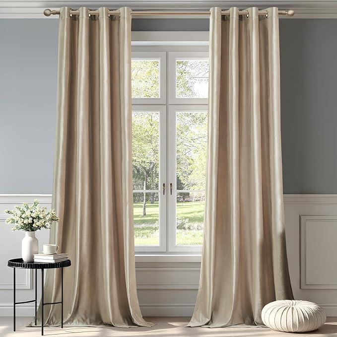 BULBUL Champagne Curtains 90 inch Length- 2 Panels Velvet Living Room Beige by ModernShinyVelvetCurtains