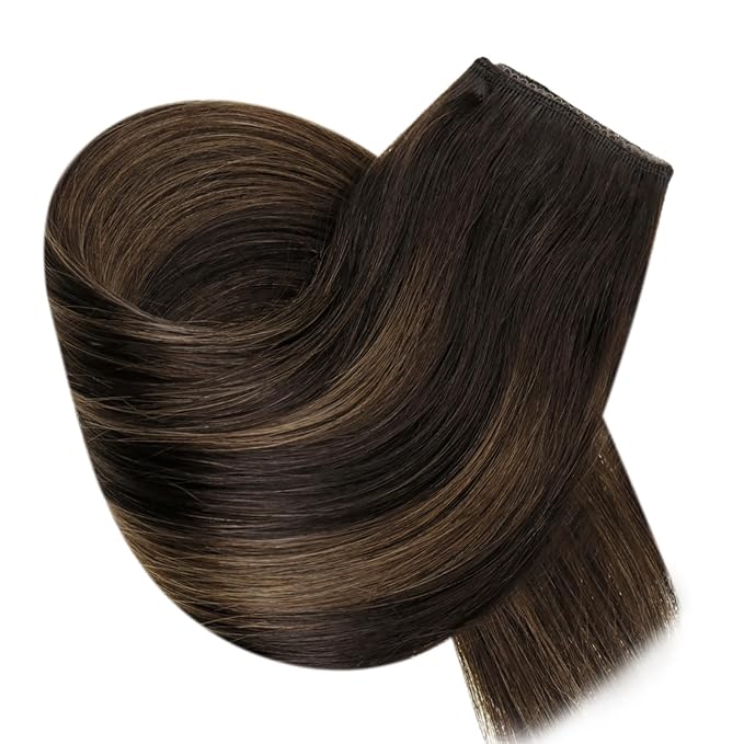 RUNATURE Wire Hair Extensions Human Hair, Invisible Fish Line Human Hair Extensions, Balayage Brown Roots Remy Hair, Real Human Hairpiece with Transparent Wire, 12 Inch 70g #2/2/6 Brown Ombre