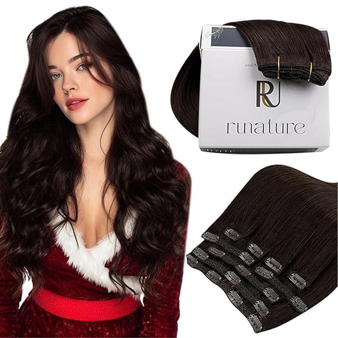 RUNATURE Clip in Hair Extensions Human Hair, 22 Inch Real Hair Extensions Clip Ins, Straight Human Hair Clip in Extensions, Remy Hair, Easy to Install, Natural Looking 120g 7pcs #2 Darkest Brown