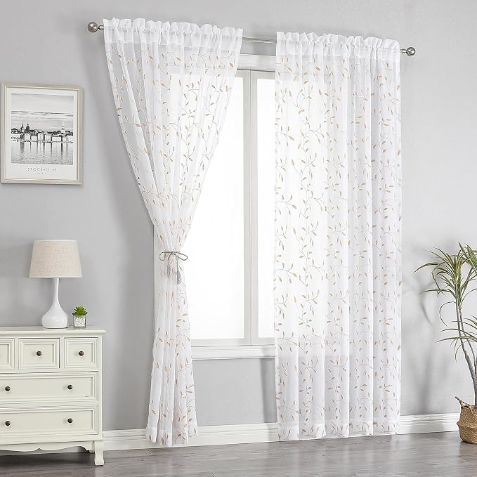 White Sheer Curtains Orange Leaf Embroidery Linen 96 Inches Long | Light - Image 2