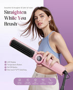 Hair Straightener Brush for Women: Negative Ionic 3-in-1 Curling & Straightening Brush, Ceramic Hot Comb with 15 Temps for Hair Styling, Pink