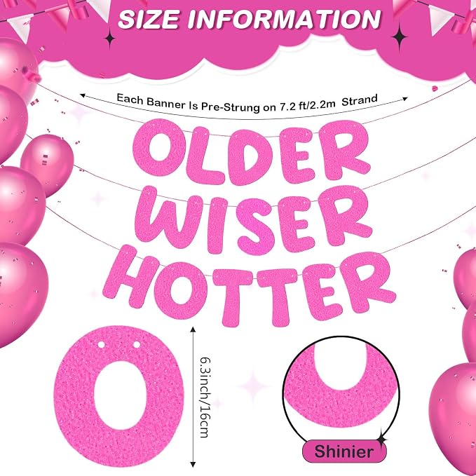 Fulmoon Set of 3 Pre Strung Older Wiser Hotter Glitter Banner Funny Birthday - Image 3