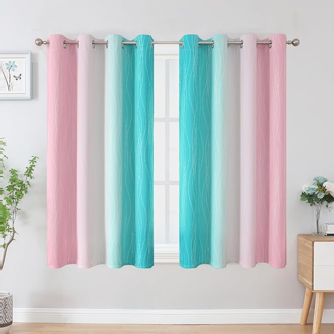 Pink and Teal Blackout Curtains 54 Inch Length, Full Light Blocking Gradient - Image 2