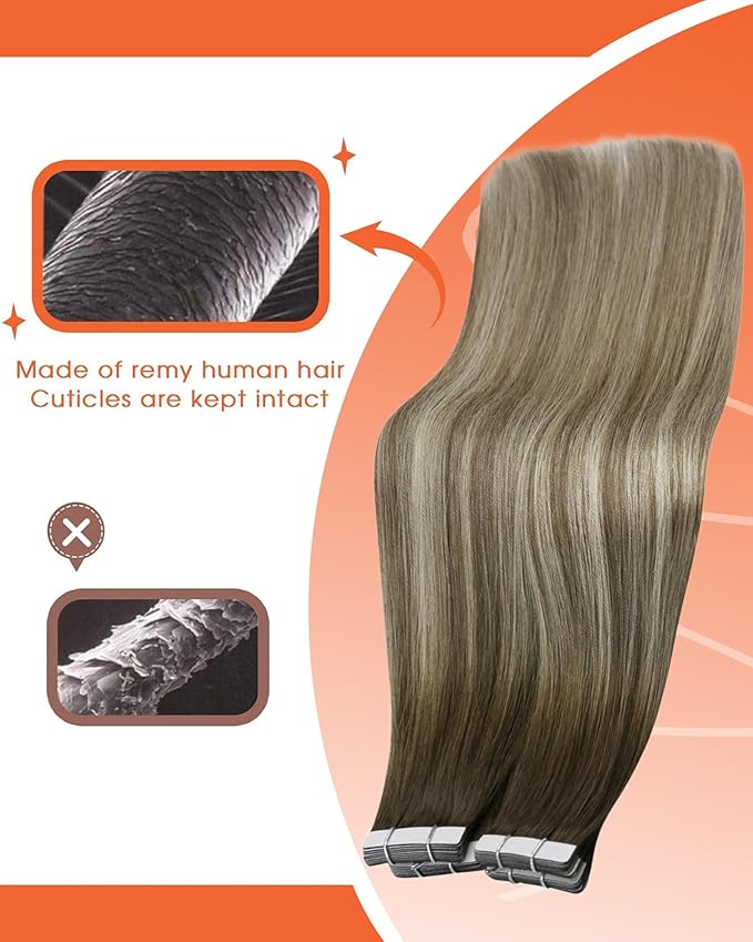 Sunny Hair Tape in Hair Extensions Real Human Hair Invisible Remy Hair Extensions Tape ins for Women Cool Brown Ombre Light Brown Balayage Medium Blonde 16 inch 25G