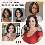 QUEENTAS Black Hair Topper for Women with Thinning Hair Pieces 6"*6"Large Coverage 360°3D Cover Silver Synthetic Short Bob with 5 Clips in Wiglets(Natural Black)