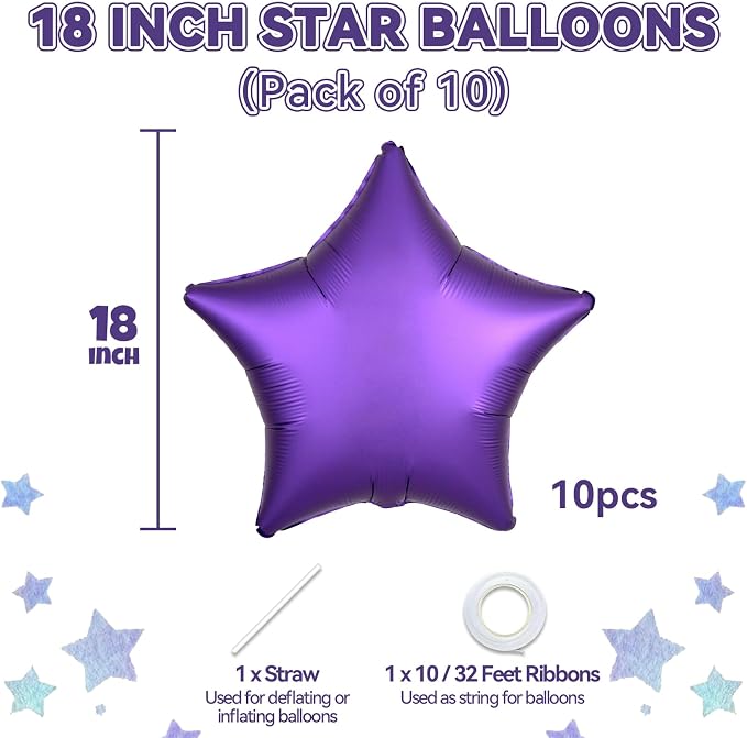 Purple Star Foil Balloons, 18 Inch Metallic Stars Aluminum Balloon Helium - Image 2