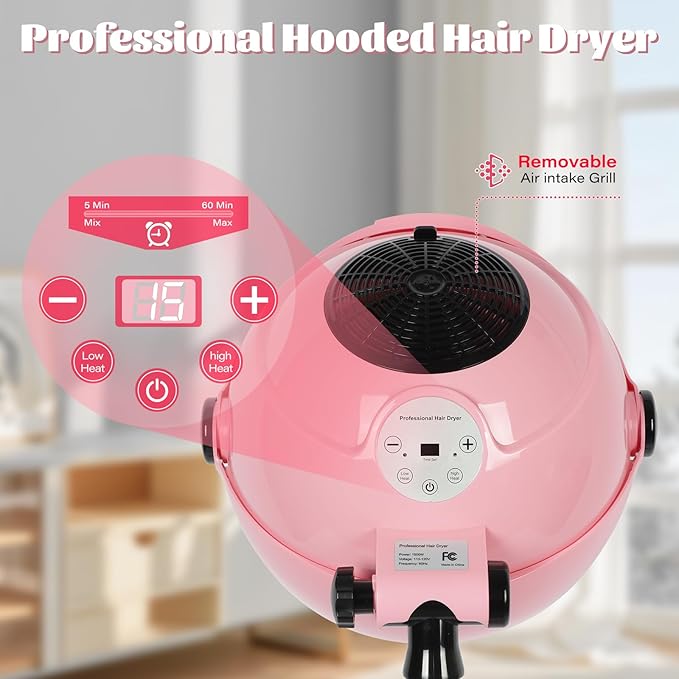 Professional Hooded Hair Dryer Pink,Stand Hair Dryer Bonnet with 3 Temperature Settings,Height Adjustable Sit Under Dryer on Wheels