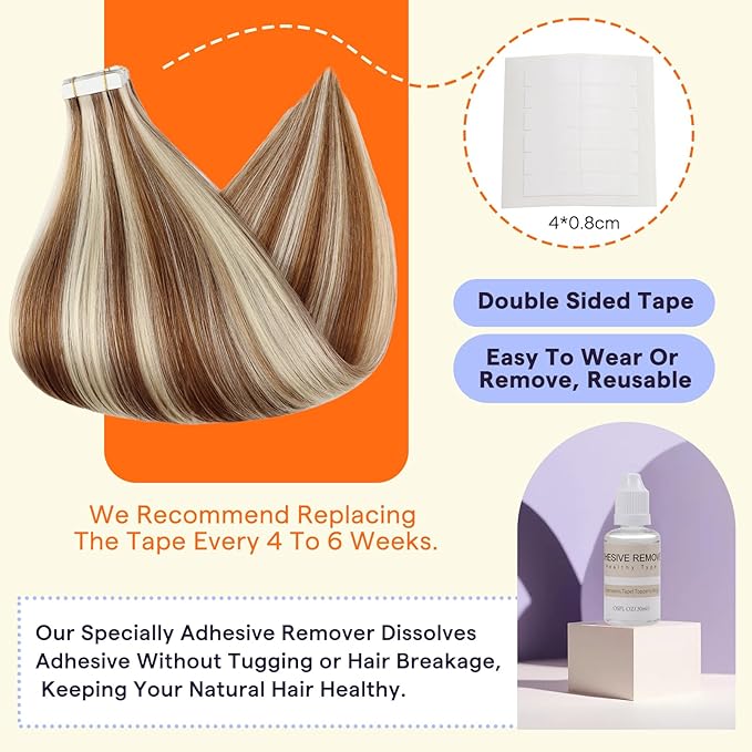 Full Shine Tape in Extensions Human Hair 20 Inch Natural Straight Remy Tape Ins Human Hair Extensions Color 330p800 Auburn Highlight Blonde 20PCS Soft Invisible Seamless Extensions 50grams Add Length