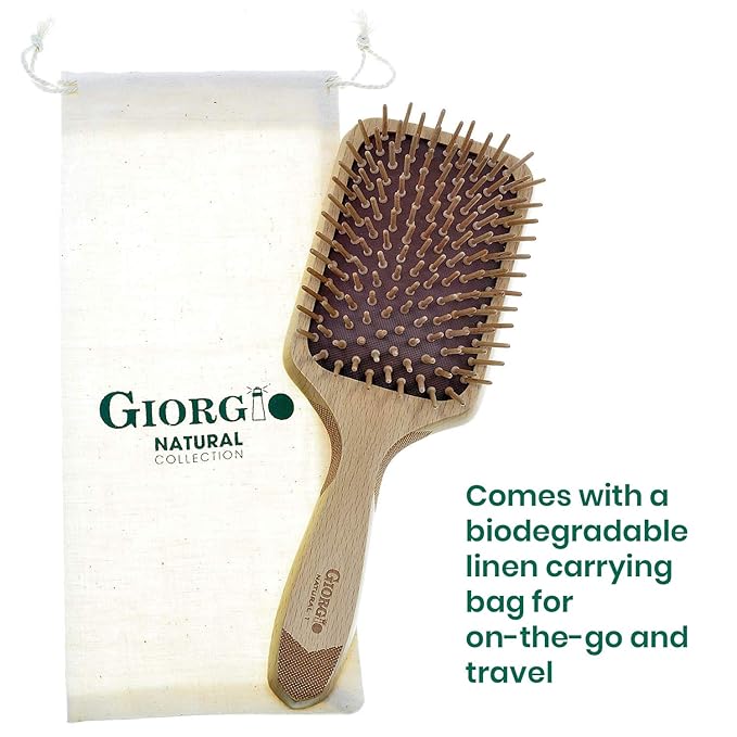 Giorgio Eco Friendly Wooden Bristle Hairbrush - Bundle Detangling Brush and Hair Growth Brush for Thick or Long Hair - Paddle Hair Brush Made with Anti Static Beechwood, Silicone Massage Cushion