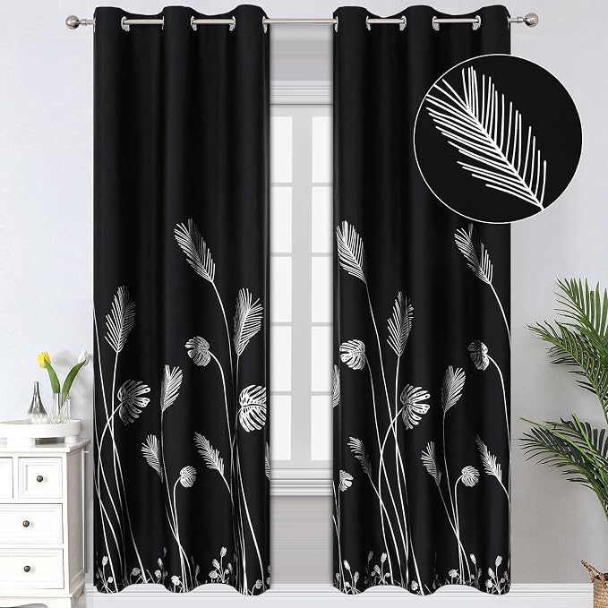 Palm Tree Blackout Curtains Thermal Insulated Silver Print Light Blocking by ESTELARTEXTILER