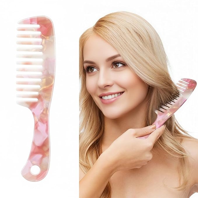 Large Wide Tooth Hair Comb, LADYAMZ [Tortoise Shell] Cellulose Acetate Round Tooth Comb for Straight/Curly Hair,Short/Long Hair Women Men or Kids, Easy Detangling Wet or Dry, Anti-static (Purple)