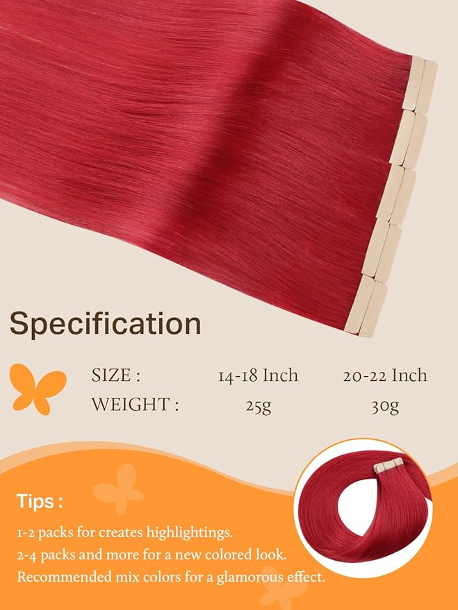 DOORES Human Hair Extensions Tape in Hair, Red Tape in Hair Extensions 22 Inch 10pcs 30g, Tape in Hair Extensions Human Hair Extensions Straight Hair
