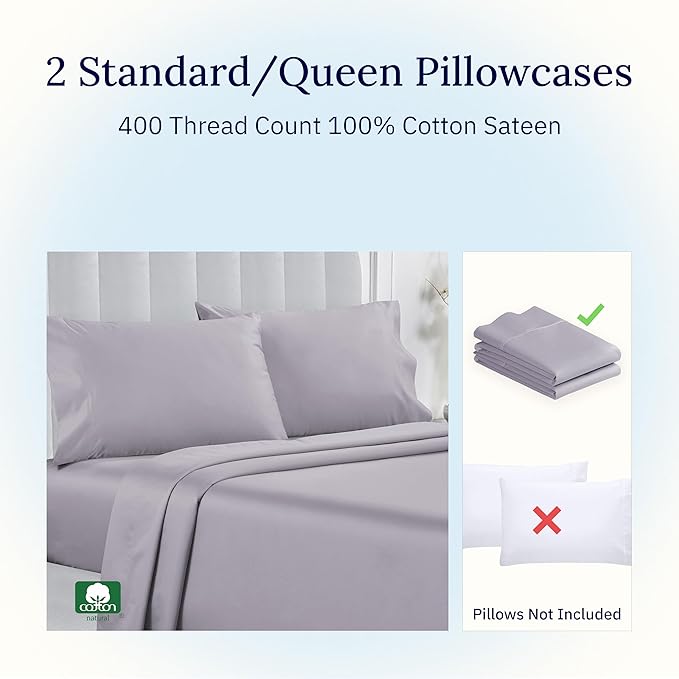 California Design Den Standard Queen Size Pillowcase Set - 400 Thread Count, 100% Cotton Sateen, Set of 2 Pillow Covers, Soft and Breathable - Dusky Lavender Grey