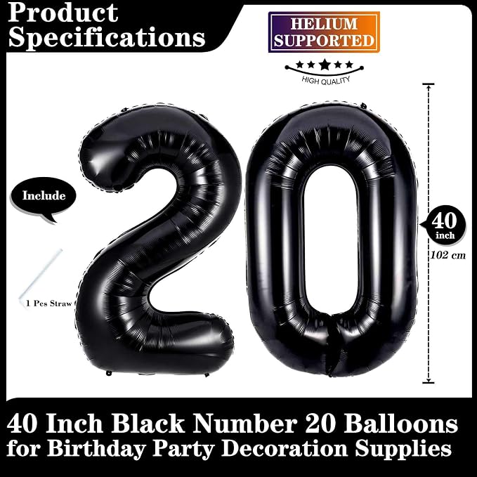 Black 20 Number Balloons, 40 Inch Giant Number 20 Balloons Foil Mylar Helium - Image 2