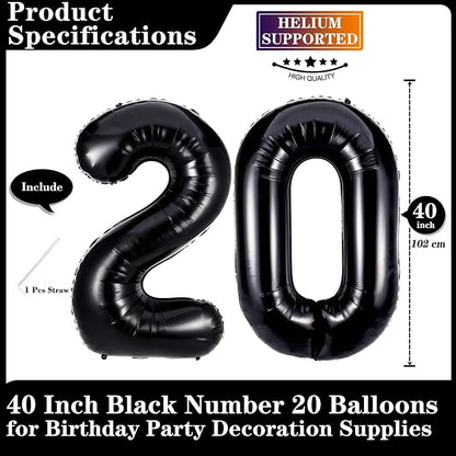 Black 20 Number Balloons, 40 Inch Giant Number 20 Balloons Foil Mylar Helium - Image 2