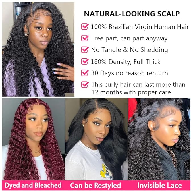 bangjazz 28 Inch HD Lace Frontal Wigs Human Hair Deep Wave Wig 13x4 Lace Front Wigs Human Hair 180 Density Curly Wigs for Black Women, Curly Lace Front Wig Natural Hairline Natural Color