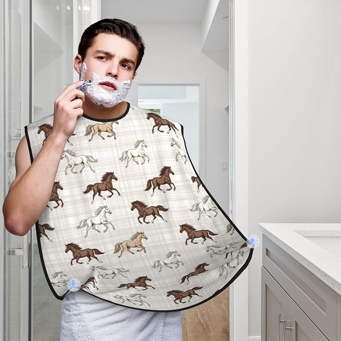 Stretchable Beard Cape, Non-Stick Hair Catcher for Trimming, Waterproof Grooming Apron, Running Beautiful Horses Checkered Pink Plaid