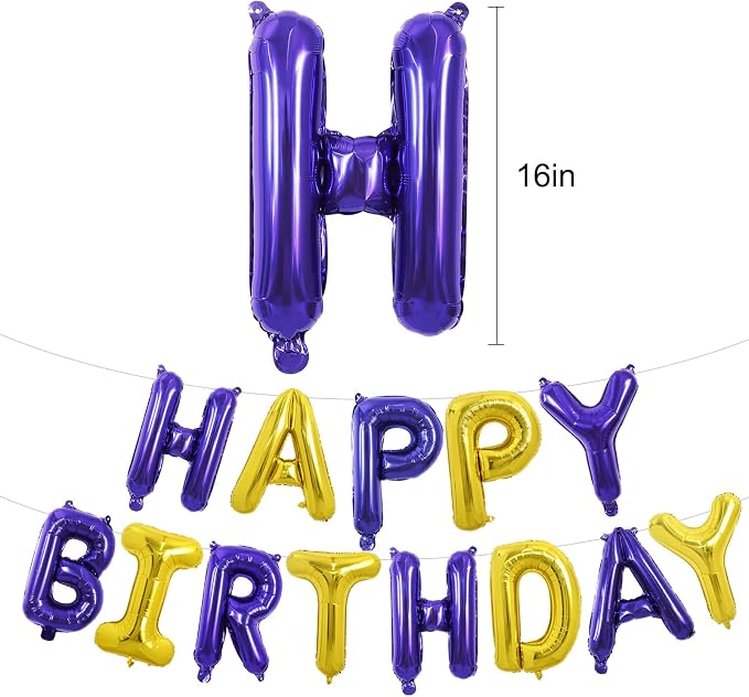 TONIFUL 16 Inch Purple and Gold Happy Birthday Balloons Banner Decorations | - Image 2
