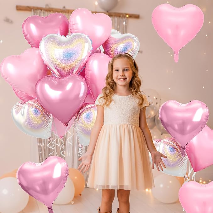 Pink and Silver Heart Balloons, 18 Inch Metallic Glitter Stars Foil Balloons - Image 5