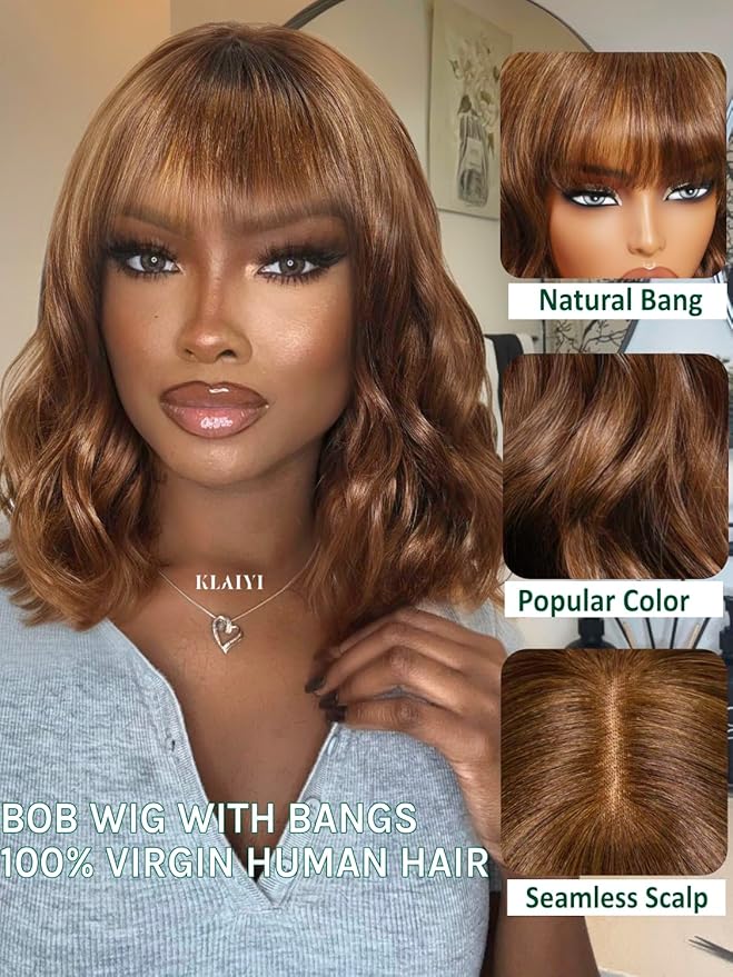KLAIYI Brown Bob Wig Human Hair with Bangs Loose Body Wave Glueless 4x2 HD Transparent Lace Closure Chestnut Chocolate Brown with Highlight Blonde Ready to Wear and Go Beginner Wigs Pre Plucked 10Inch