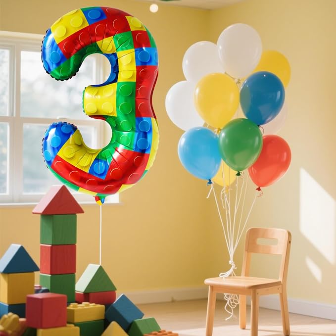 32 Inch Stackable Block Number 3 Balloon – Colorful Brick Building Themed Big - Image 5