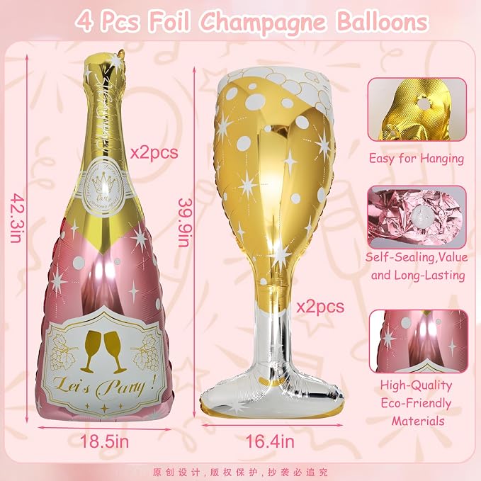 4 Pcs Champagne Balloons, Huge Rose Gold Champagne Bottle Goblet Aluminum Foil - Image 6