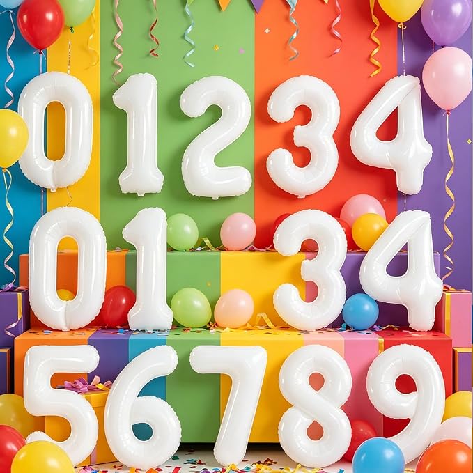 2 Set 20 Pcs Number Balloons 16 Inch White 0-9 Number Mylar Foil Balloons White - Image 7