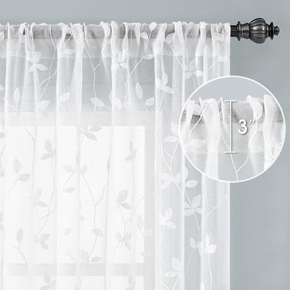HOMEIDEAS White Sheer Curtains 2 Panels, Embroidered Vine Leaf, W52 x L84 | - Image 5