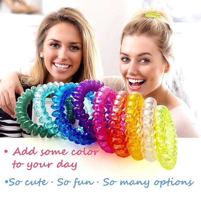 79STYLE 50pcs Spiral Hair Ties For Women Phone Cord Ponytail Holders Colorful Hair Coils Plastic Scrunchies Bulk Hair Ties Coil Hair Bands Bracelets For Grils (Crystal10 Colors -Large Size)