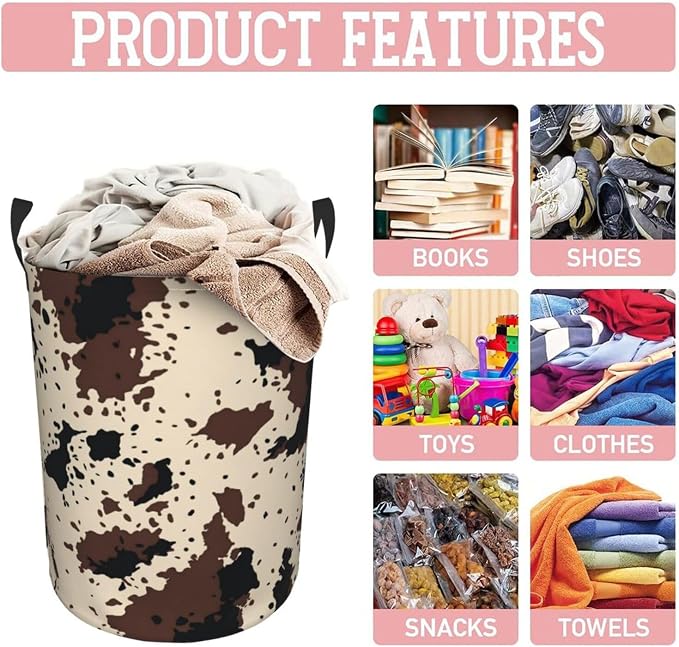 Highland Cow Texture Round Laundry Hamper Cowskin Print Storage Basket Toys - Image 5
