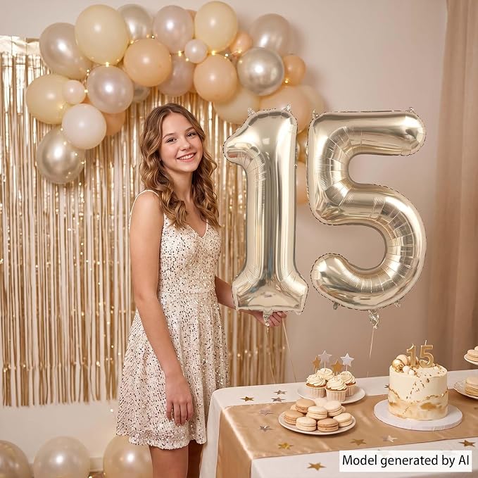 White Gold Number 15 Balloon 40 Inch, Champagne Foil Quince Decoration | Giant - Image 6