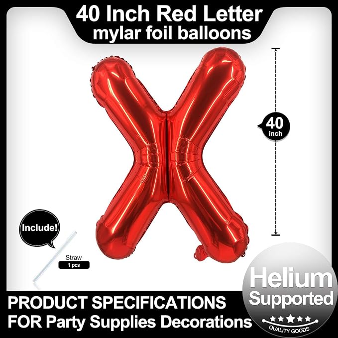 40 Inch Red Letter X Balloons, DIY Phrase Foil Alphabet Letter X Balloons DIY - Image 2