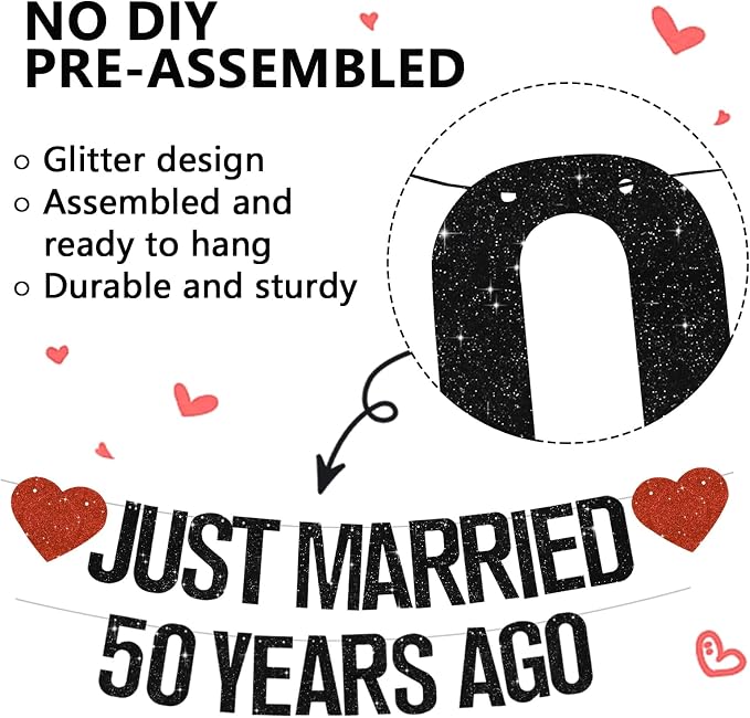 Black Glitter Just Married 50 Years Ago Banner, NO DIY, Pre-Strung 50th Wedding - Image 2