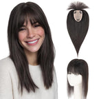Hairro Human Hair Toppers with Wispy Bangs, 3.5x4.7" Hand-wovened Base for Women with Thinning Hair, Lightweight & Breathable Realistic Scalp, Clip-in Hairpieces for Easy Wear, 14 Inch Natural Black