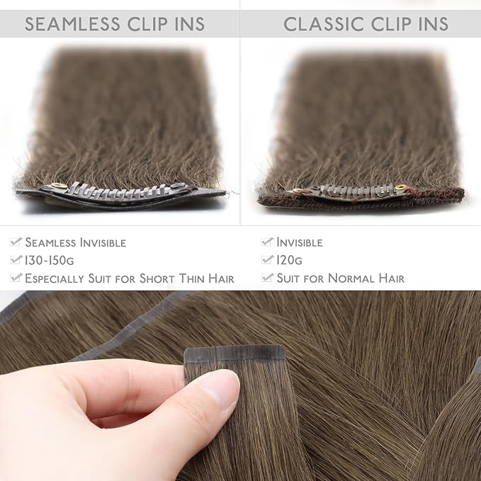 WENNALIFE Seamless Clip In Hair Extensions Human Hair, 20 Inch 150g 7pcs Light Ash Brown Real Hair Extensions Clip in Human Hair Invisible PU Skin Weft Natural Remy Human Hair Extensions