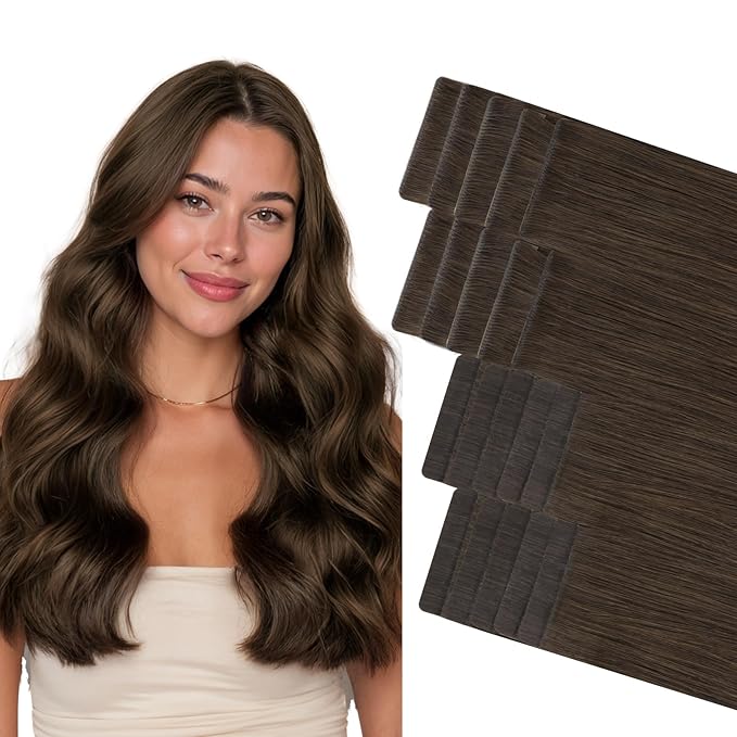 GOO GOO Invisi Edge Tape in Hair Extensions Human Hair, 2A Light Brown 10pcs injected with 10pcs classical tape ins, 20inch 50g, Virgin Remy Hair, Natural Look