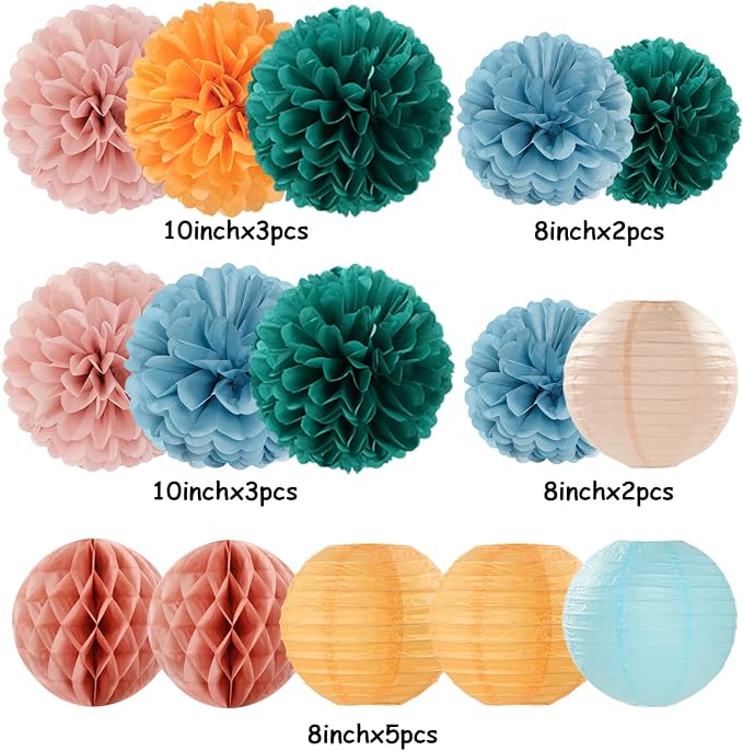 Dusty-Blue Orange Teal Party-Decorations Paper-Flowers - Image 6