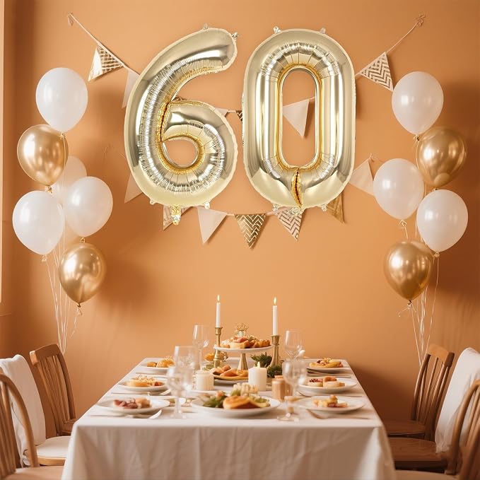 Champagne Gold Large Number 60 Balloon, 40 Inch Light Gold Foil Helium Number - Image 3