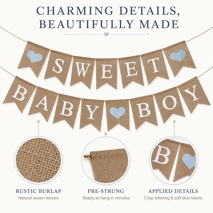 Sweet Baby Boy Burlap Banner for Baby Shower Decorations and Gender Reveal Party - Image 3