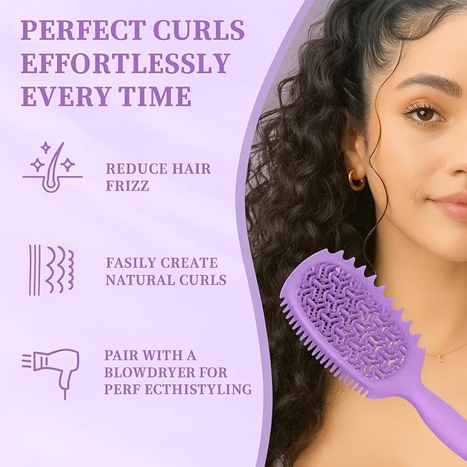 Curl Defining Brush, Vented Curly Hair Brush for Effortlessly Detangling Shaping and Styling, Candy Brush for Wet or Dry Hair Types for Women and Girl, Defining with Side Gear, Reduces Frizz (Purple)