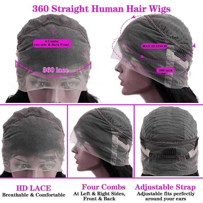 sdamey 360 Lace Front Wigs Human Hair 360 Full Lace Frontal Wigs Pre Plucked with Baby Hair Brazilian Virgin Hair Straight Human Hair 360 HD Lace Front Wigs (30 Inch)