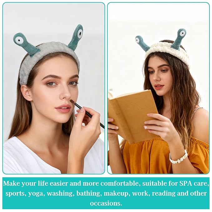Snail Face Wash Headband Skincare & Wrist Bands for Washing Face Set Cute Spa Headband for Women and Wrist Faces Wash Bands for Shower, Facial Cleaning, Soft Coral Fleece Makeup Headbands,Beige & Grey