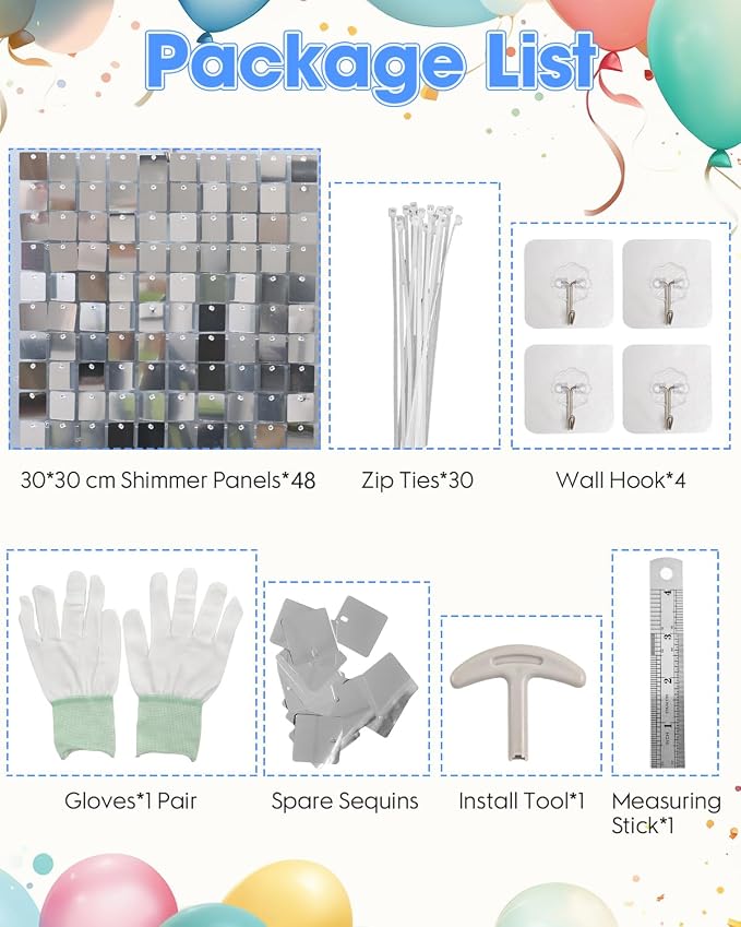 Silver Shimmer Wall Backdrop 48 Panels Cover 8 x 6 Ft, Photo Backdrops - Image 3
