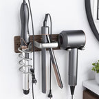 Tindbea Hair Dryer Holder Curling Iron Holder Flat Iron, Blow Dryer Holder Wall Mount, 3 in 1 Bathroom Hair Tool Organizer Rack for Universal Dryer, Walnut Wood Silver Color Metal