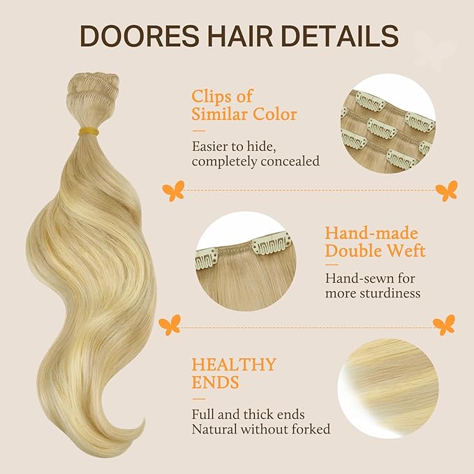 DOORES Human Hair Extensions Clip in, Dirty Blonde Mixed Platinum Blonde 150g 9pcs 14 Inch, Remy Straight Thick Hair